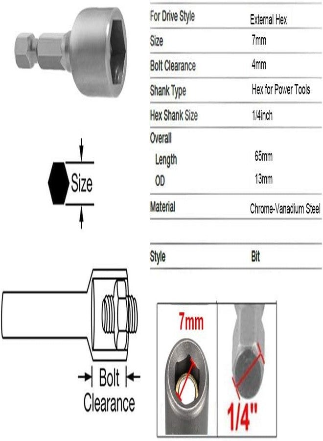 UPTODATETOOLS 5Pcs 7mm Nut Driver Bit 1/4 inch Hex Magnetic Power Socket Adapter Drill Bits 65mm Length for Power Tools - Image 4